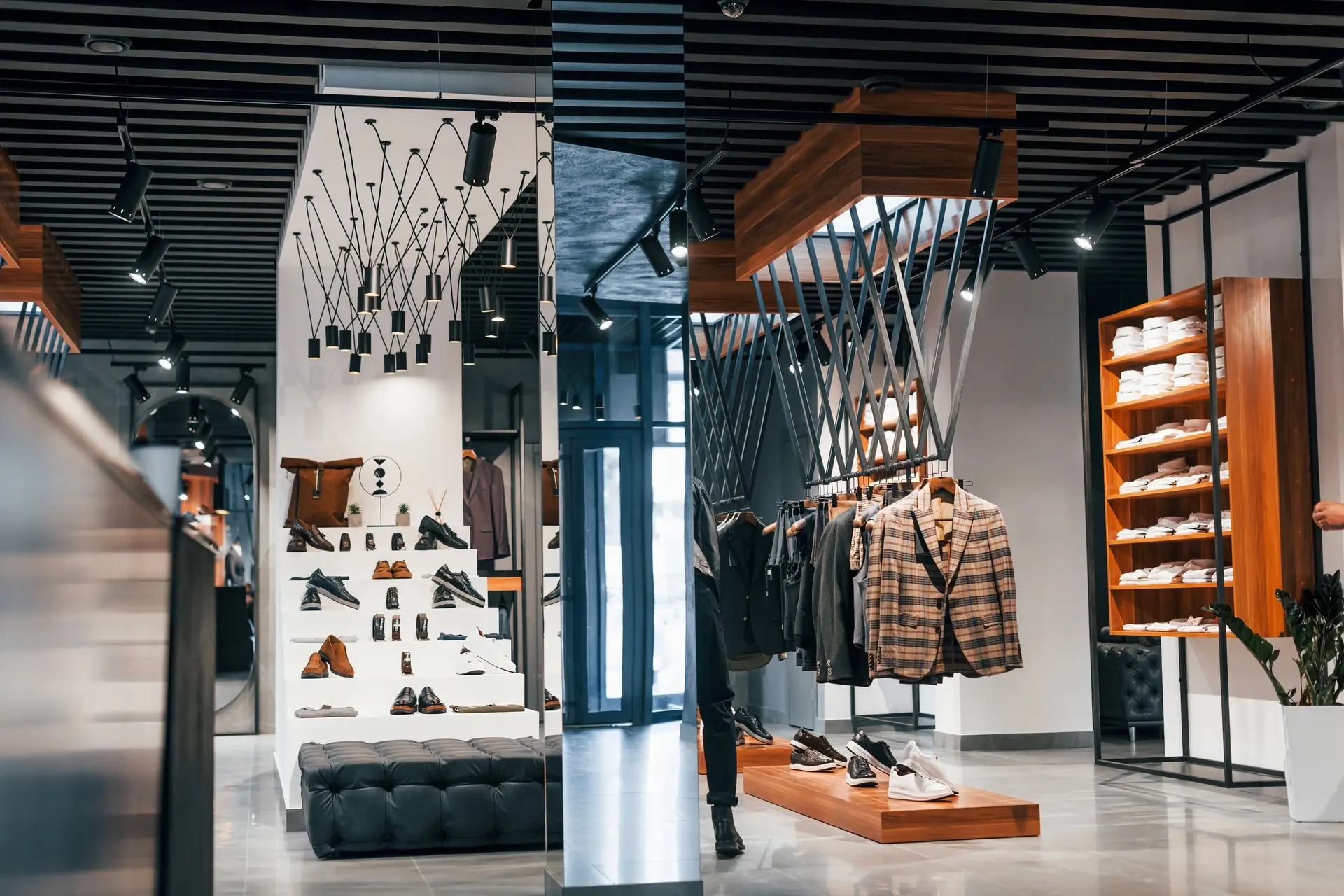 Retail store interior with custom display fixtures and track lighting